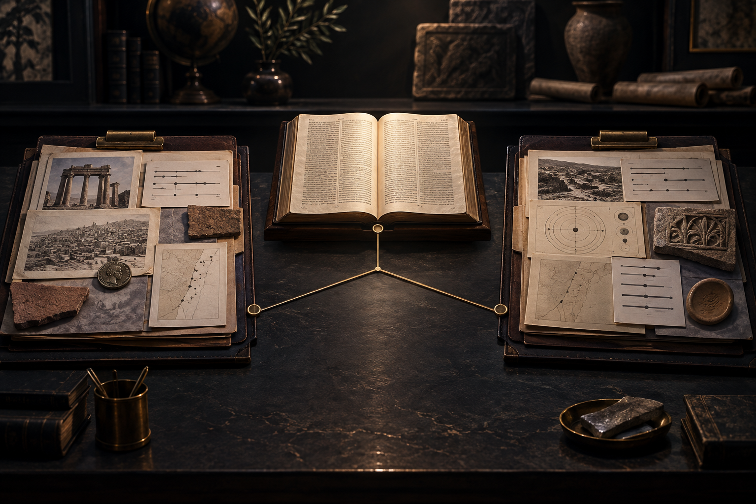An open Bible at the center of a desk, flanked by two matching collections of maps, timelines, and artifacts, representing separate lines of interpretation branching from the same central text.